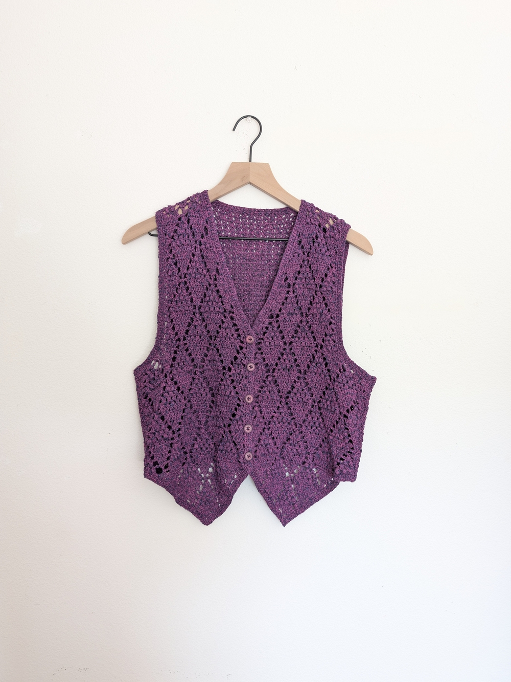 Vintage Handmade Women's Purple Crochet Button Vest